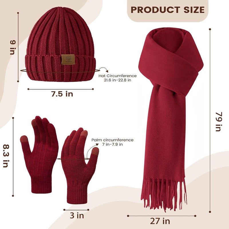 Premillow Women Winter Hat Beanie+Long Scarf+Touch Screen Gloves Set, Warm Clothes Set with Knit Fleece Lined for Women/Men Winter - Image 1